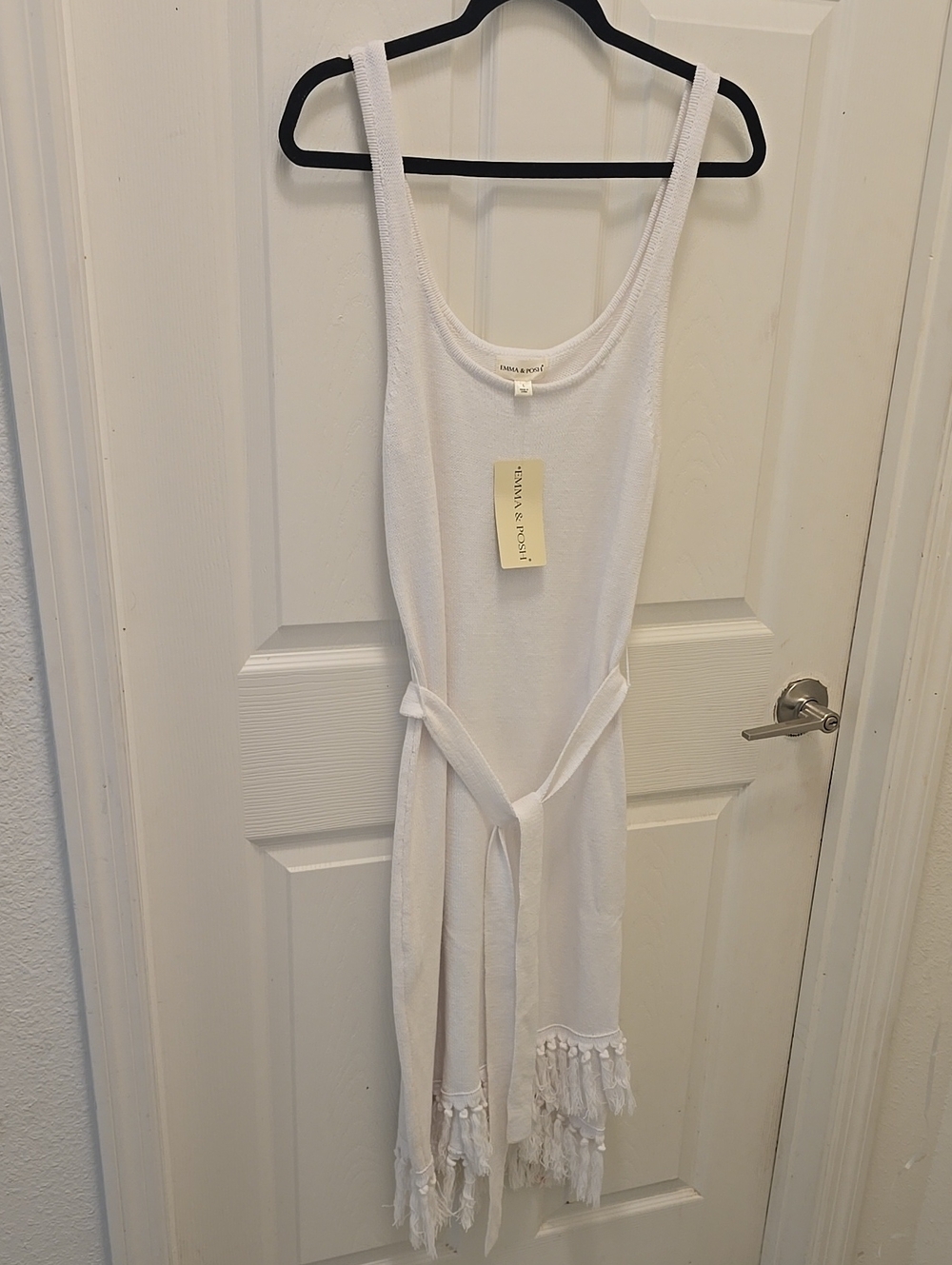 White Scoop-neck Knit, Tassel Bottoms with Self-Tie Belt Dress